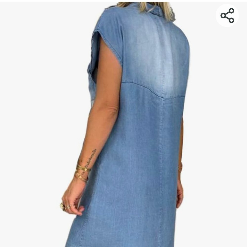 light blue distressed denim sleeveless pocket button up dress - Picture 3 of 8